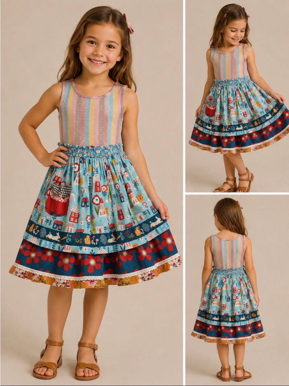 WILDFLOWERS Girls Multicolor Striped Bodice & Blue Floral Tiered Dress NWOT